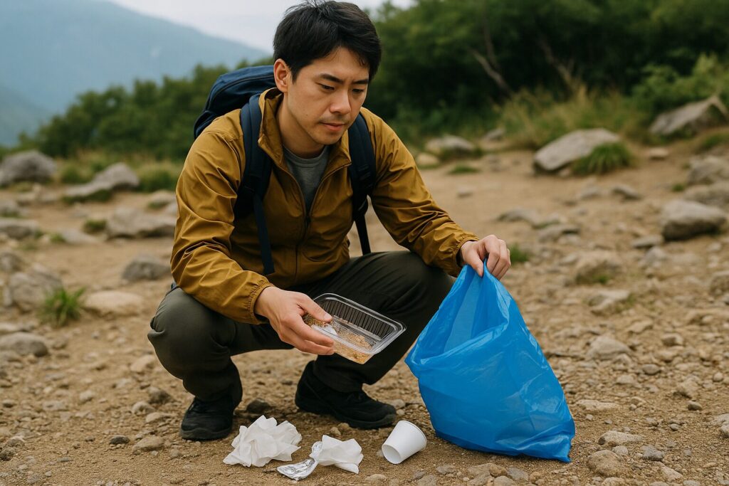 昼食で出たごみを片付けている
