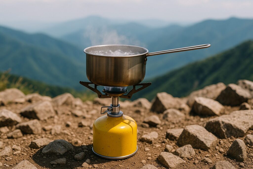 山頂でOD缶を使ってお湯を沸かしている