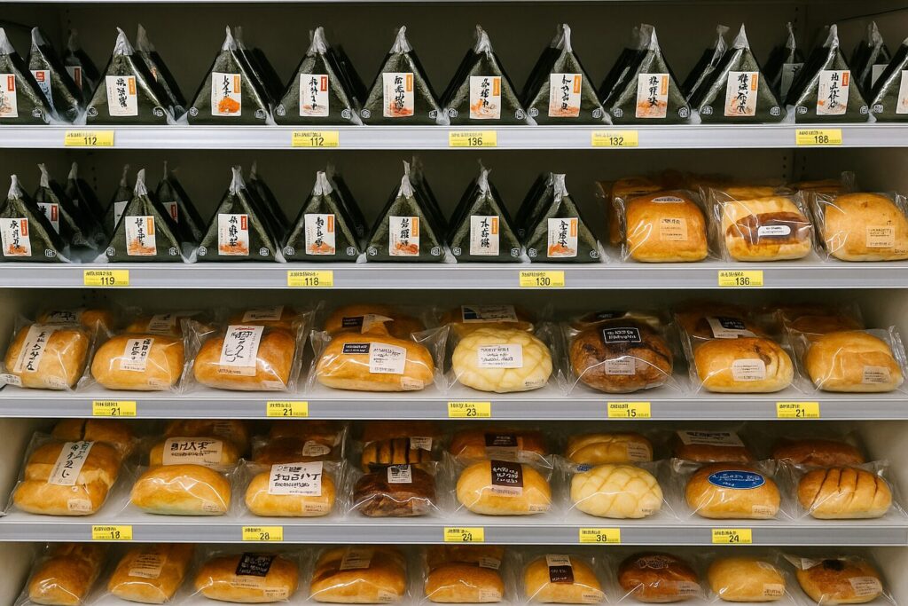コンビニでおにぎりやパンが陳列されている