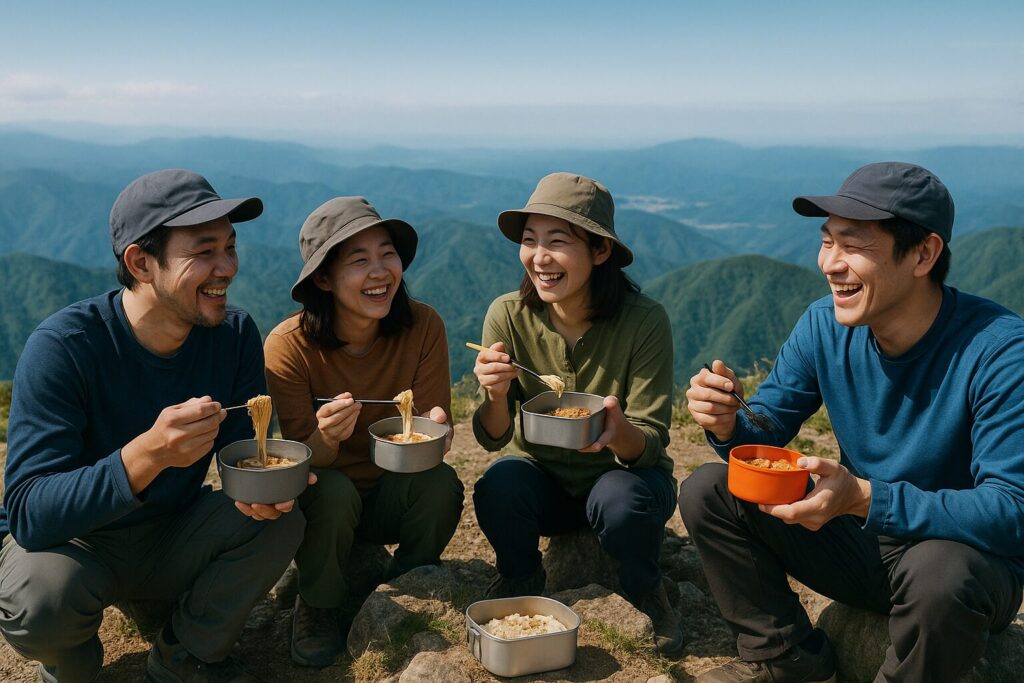 大人の男性2人、女性2人が山頂で楽しそうにご飯を食べている