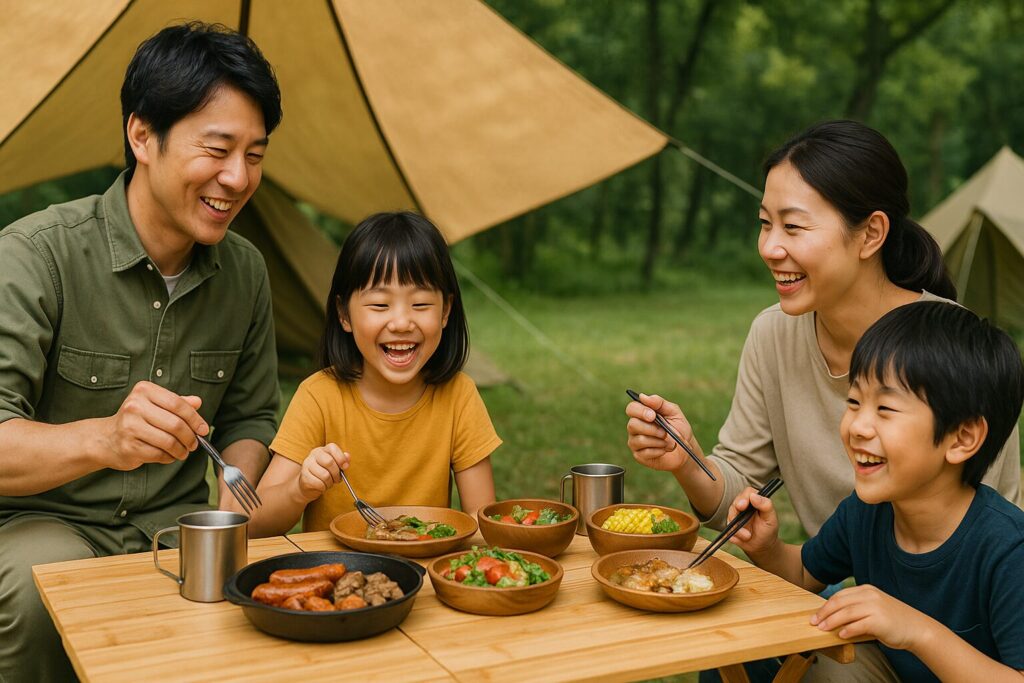 楽しそうにキャンプで食事をする家族