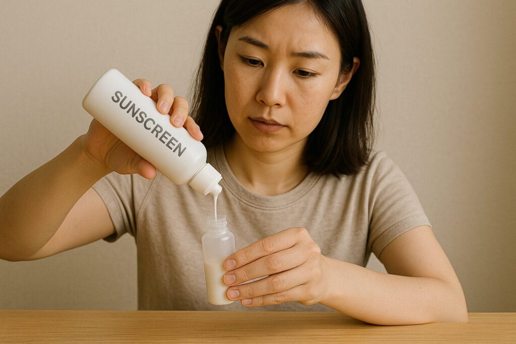 市販のボトルから小さなトラベル用容器に日焼け止めを詰め替えている様子