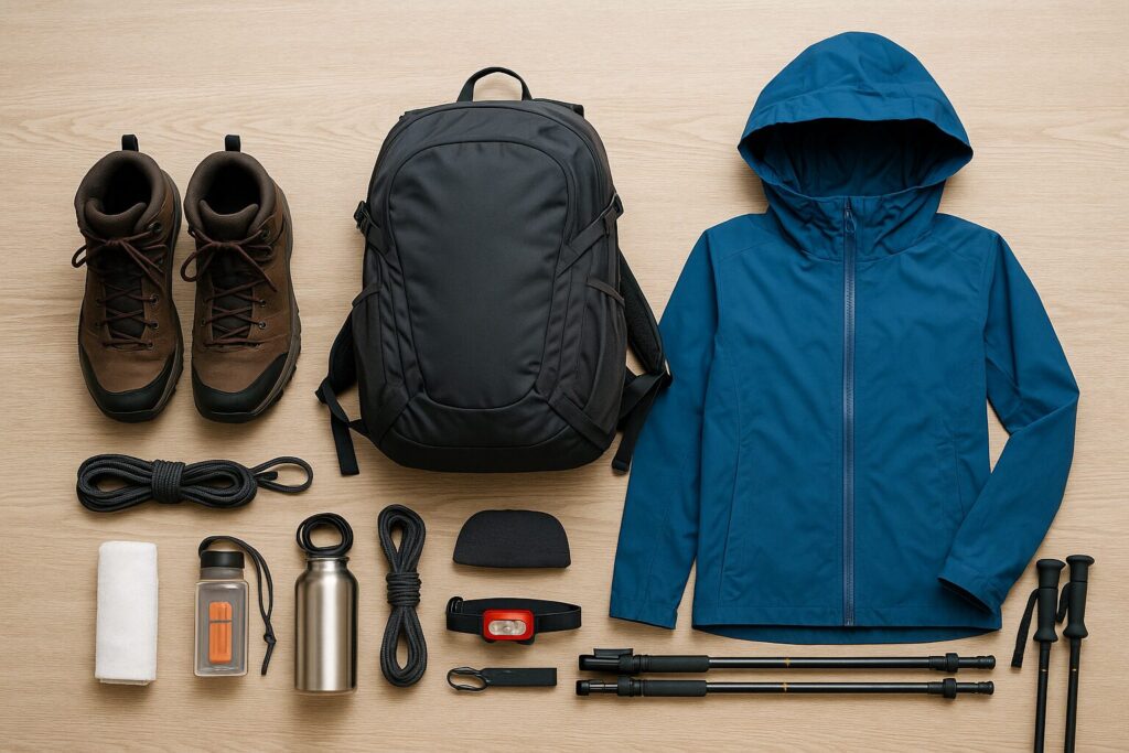 登山靴、ザック、レインウェア、ヘッドライトなどの基本装備を並べた