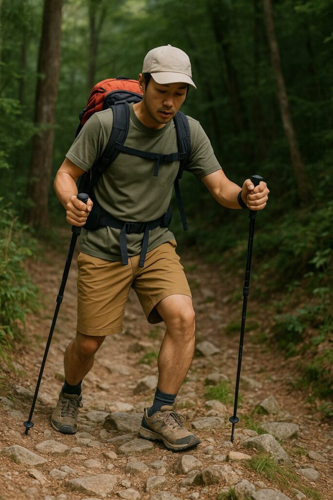 下り坂でトレッキングポールを使って体重を支えている登山者