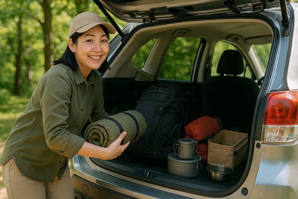 キャンプ道具を車に積み込んでいる