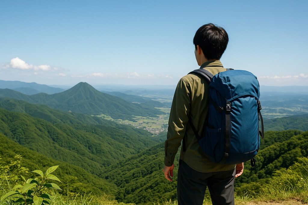 夏の山頂で景色を眺める登山者の後ろ姿