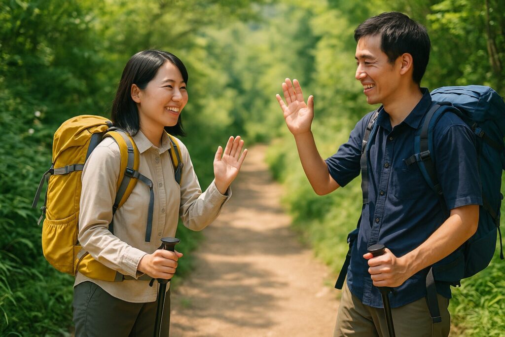 登山道で登山者同士が笑顔で挨拶を交わしている