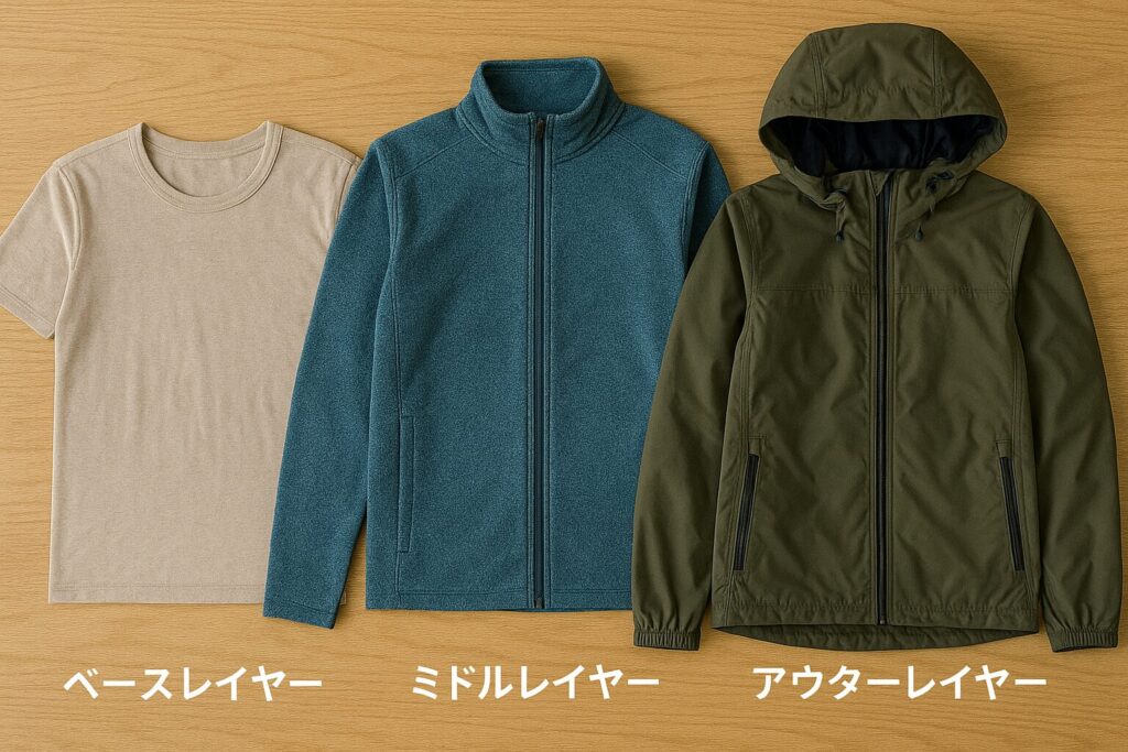 ベースレイヤー」「ミドルレイヤー」「アウターレイヤー」の3層の衣類を並べて見せる