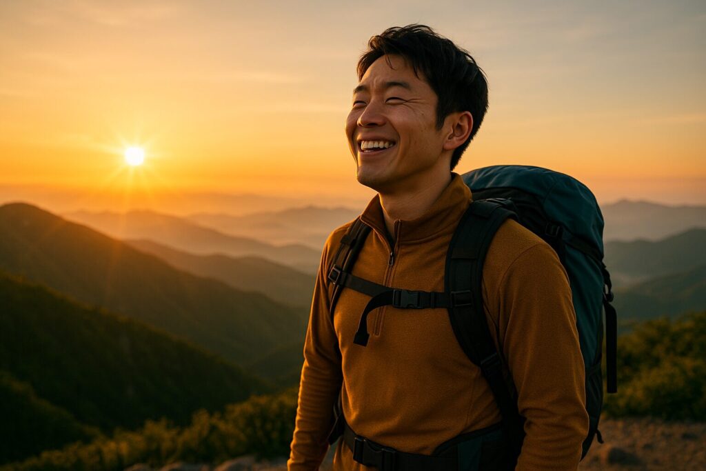 山頂で日の出や夕日を背景に、達成感に満ちた表情の登山者