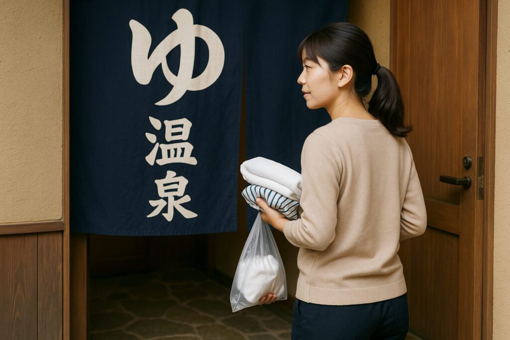 温泉セット(タオル、着替え、ビニール袋)をもって温泉に先頭の入り口に入ろうとしている人
