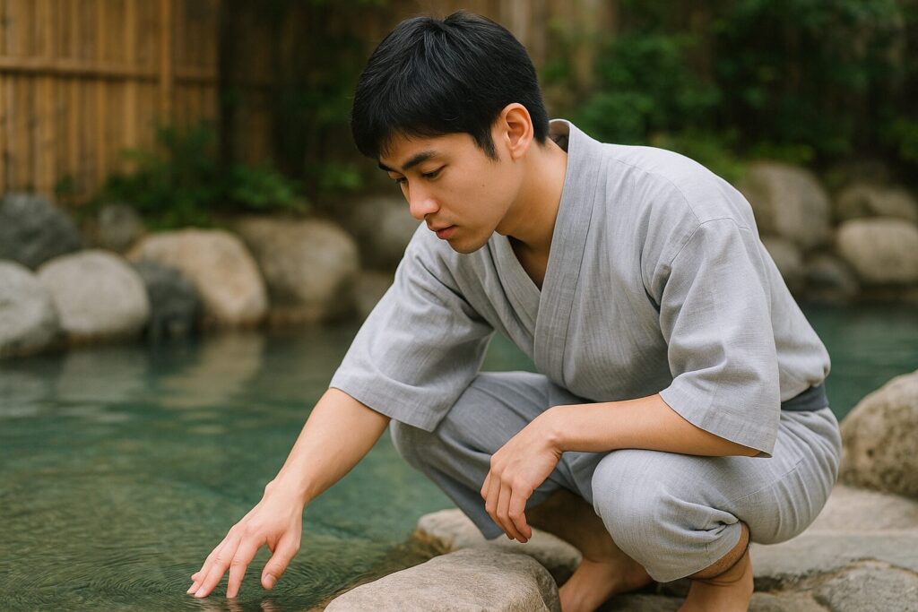 天然温泉の淵にしゃがんで温度を確認している人