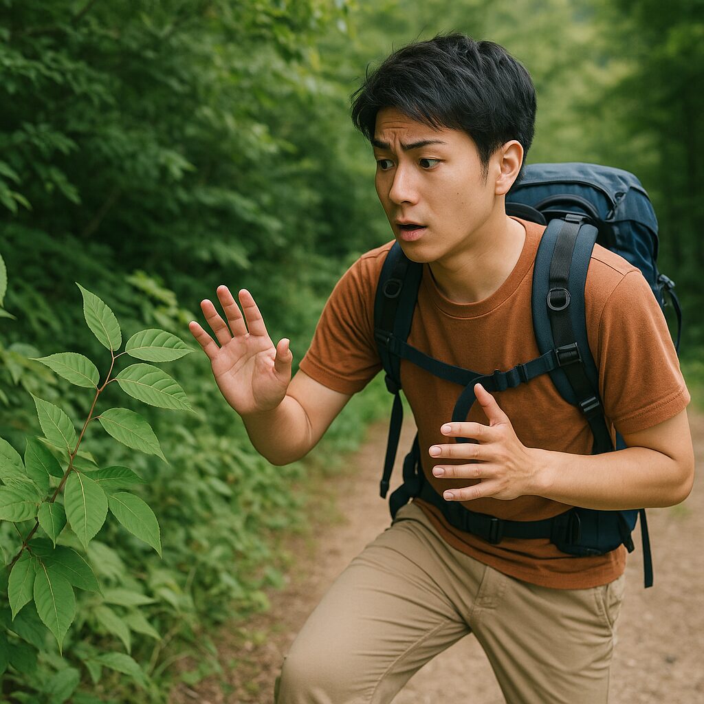 ウルシの葉に気づいて避けて通ろうとしている登山者