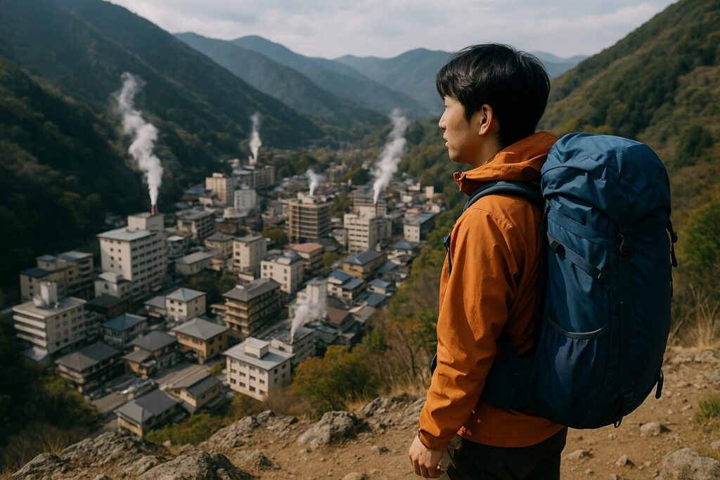 山の頂から温泉街を見下ろす景色