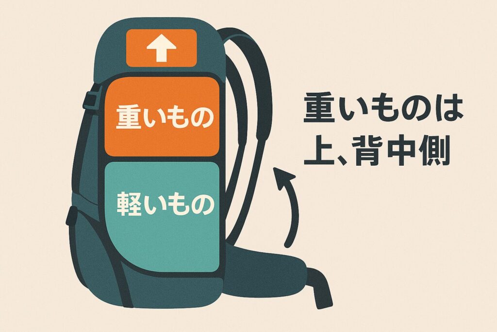 重いものは上、背中側」というパッキングの重心を説明するザックの断面図イラスト