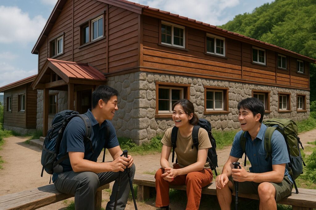 山小屋の外観や、登山者が談笑している様子
