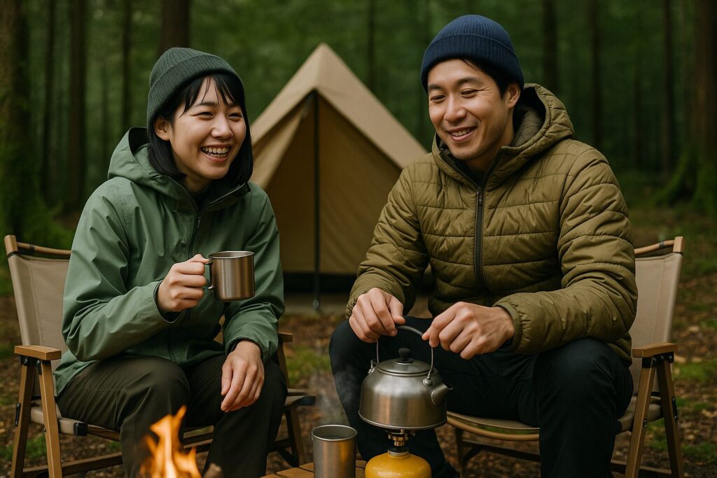男女が快適そうなアウトドアウェアでキャンプを楽しんでいる画像
