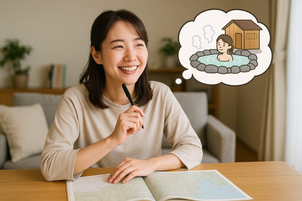 自宅で登山計画を立てながら下山に入る温泉のことを嬉しそうに考えている人