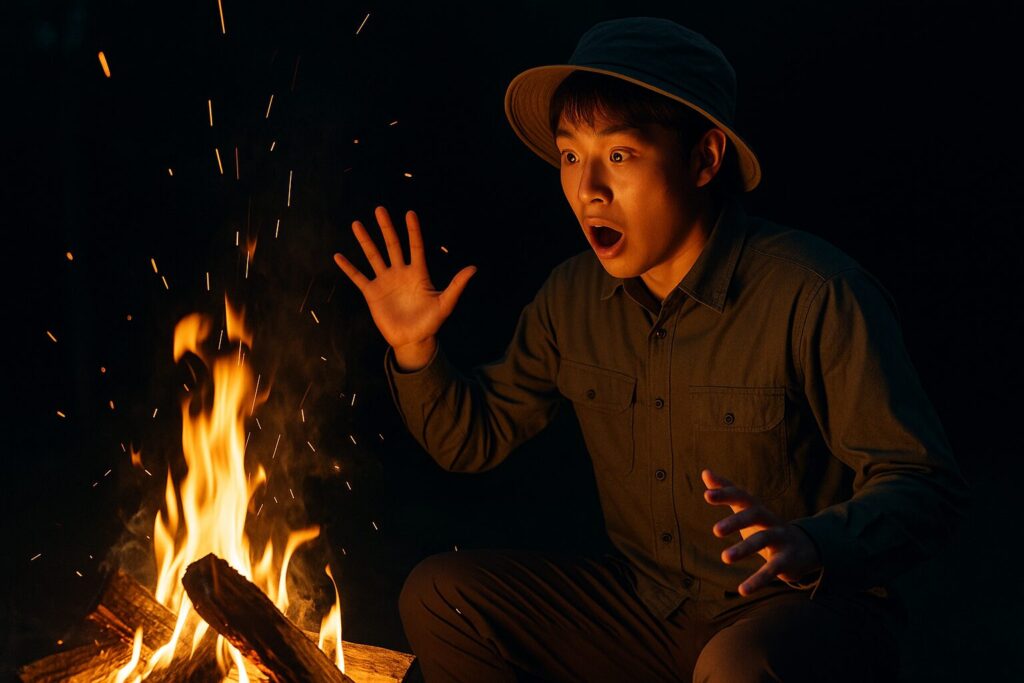 火が爆ぜてびっくりしている