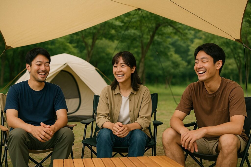 3人でテントとタープを張り終わってタープの下で楽しそうにくつろいでいる