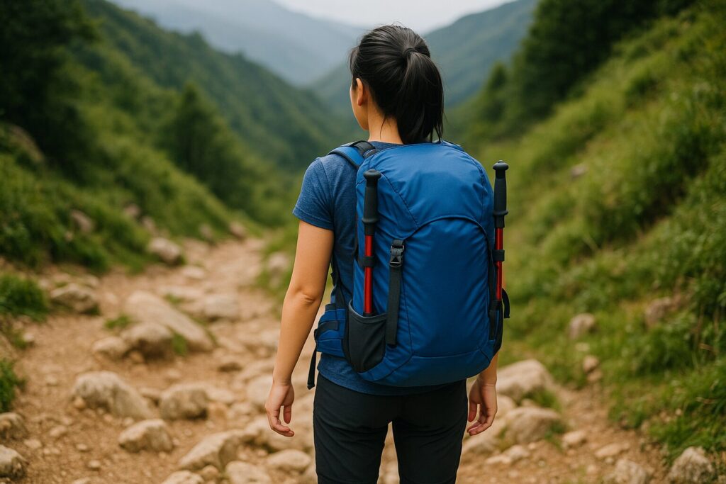 山を登っている女性の後ろ姿で、ザックの背面にポールが収まっている