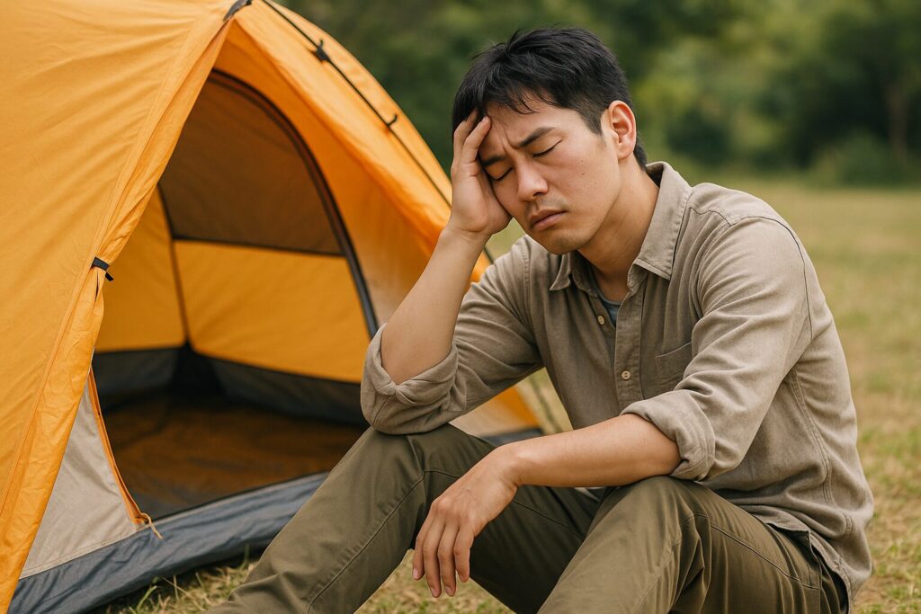 テント設営中につかれて休憩している