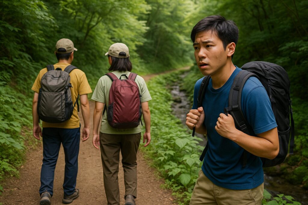 前の2人組の登山者が登山道を並列に歩いていて困っている登山者