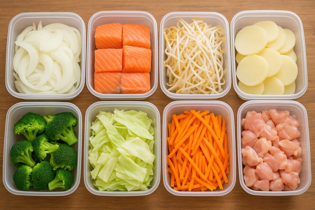 下ごしらえ済みの食材がタッパーに分けられている様子