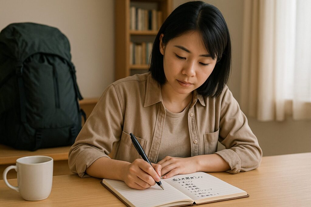 室内で登山の持ち物リストをノートとペンで書き出している女性