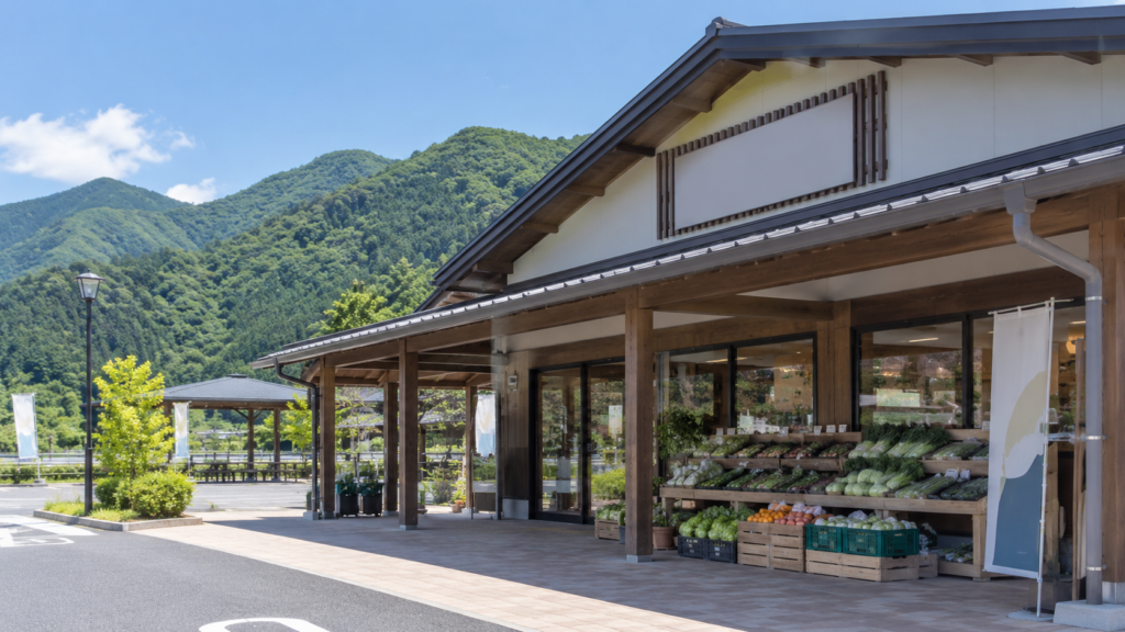 山並みに囲まれた田園市場と新鮮野菜