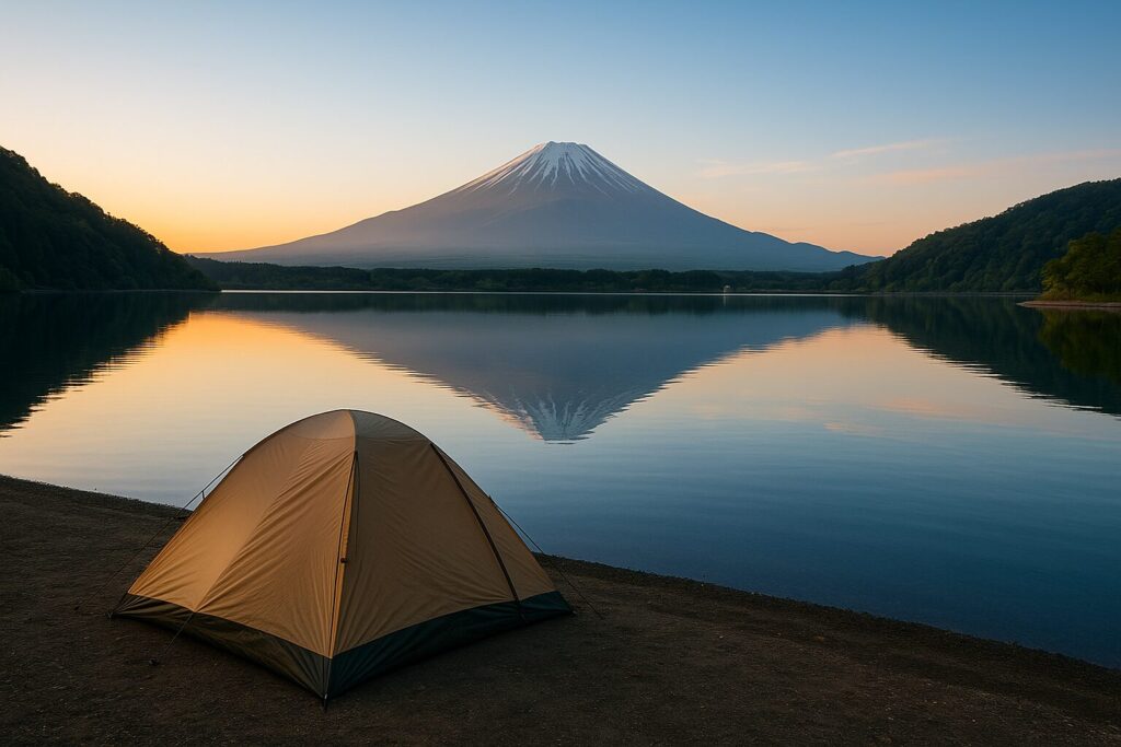 湖畔にテントが張られ、湖面に逆さ富士が映っている