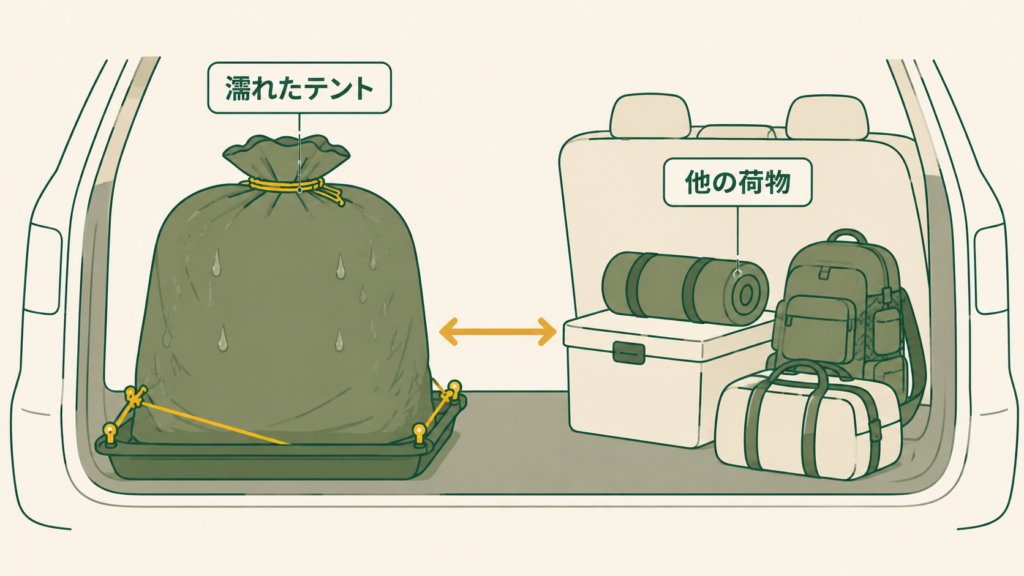 濡れたテントの積み込み