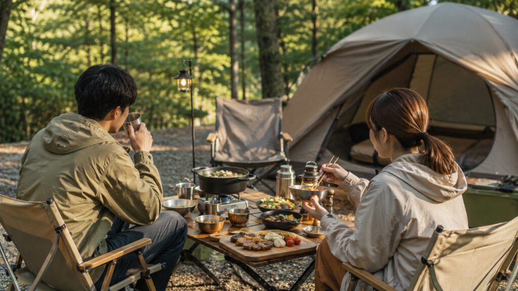 キャンプで2人で食事をしている様子