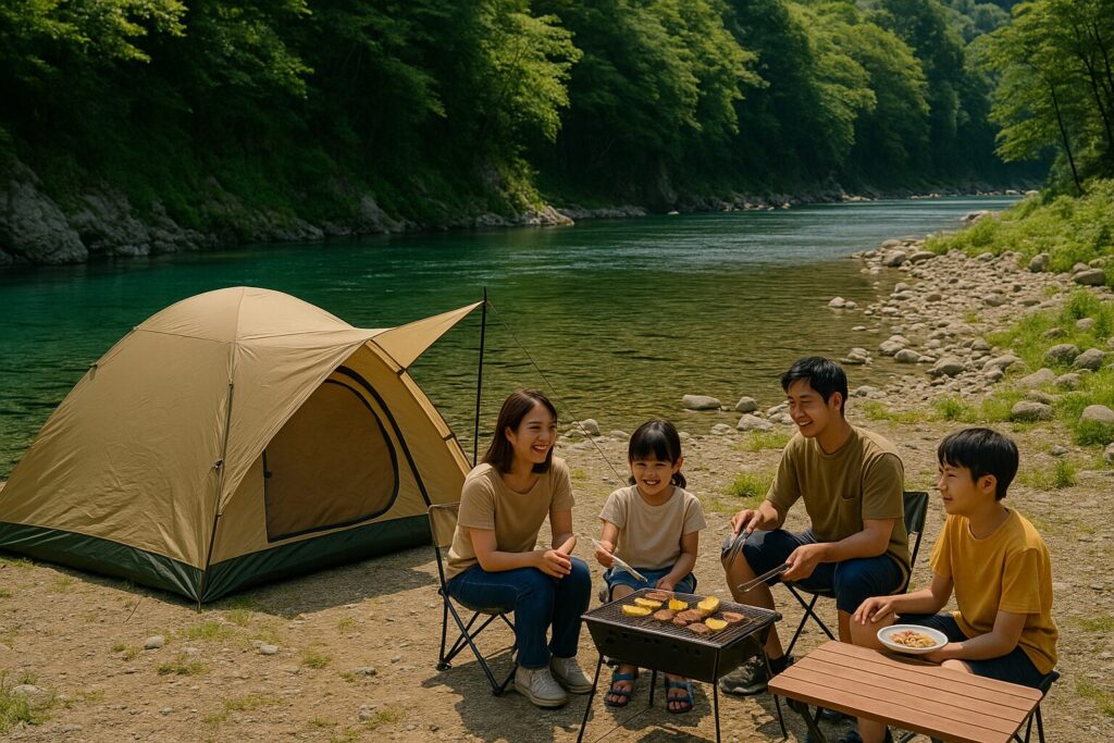 透明度の高い川の横でテントをたてて、家族がBBQを楽しんでいる