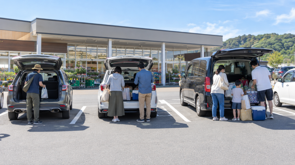 スーパー駐車場で荷物を積む家族たち