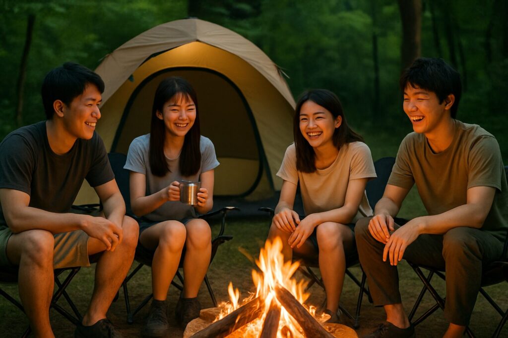 仲間と焚き火を囲んで楽しそうにしている夏のキャンプのイメージ