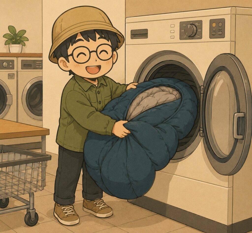 たろまる君、コインランドリーで寝袋を洗う