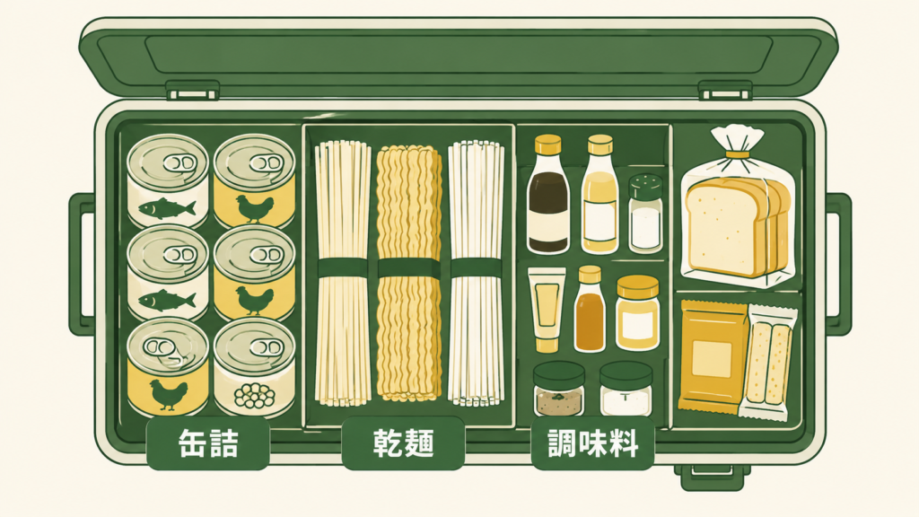 容器に常温保存食材を収納した模式図